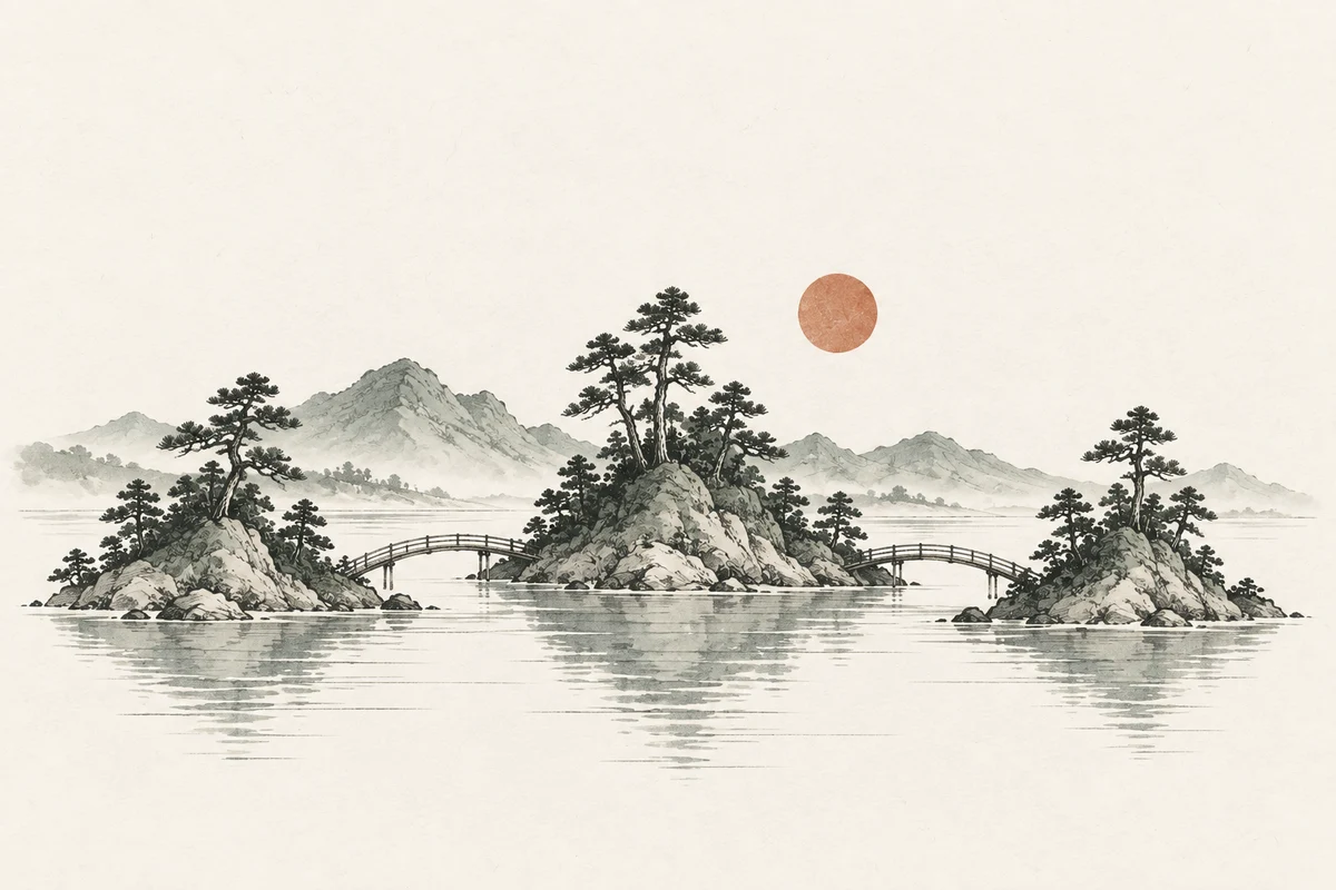 Three quiet islands connected by small bridges.